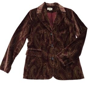 VTG Neiman Marcus Velvet Paisley Blazer Women Size 10 Burgundy Gold Jacket EUC